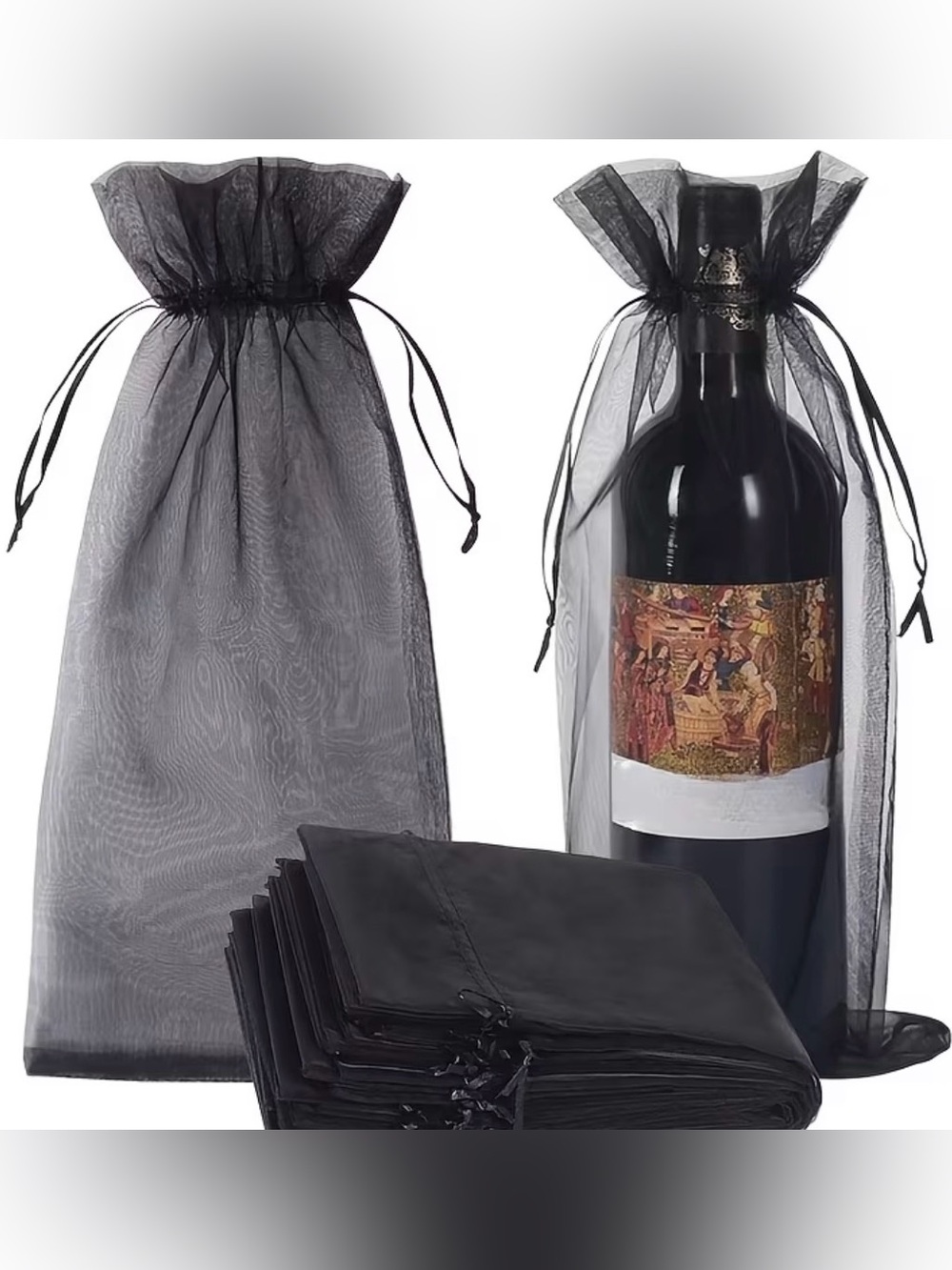 💕5/25💕Black Organza Wine Gift Bags Sheer Drawstring Pouches